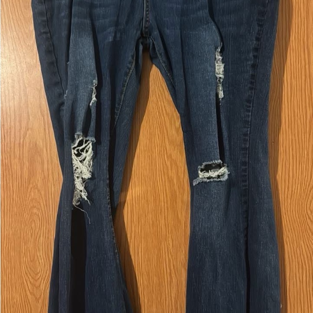 Women's Distressed Flare Jeans in Dark Blue